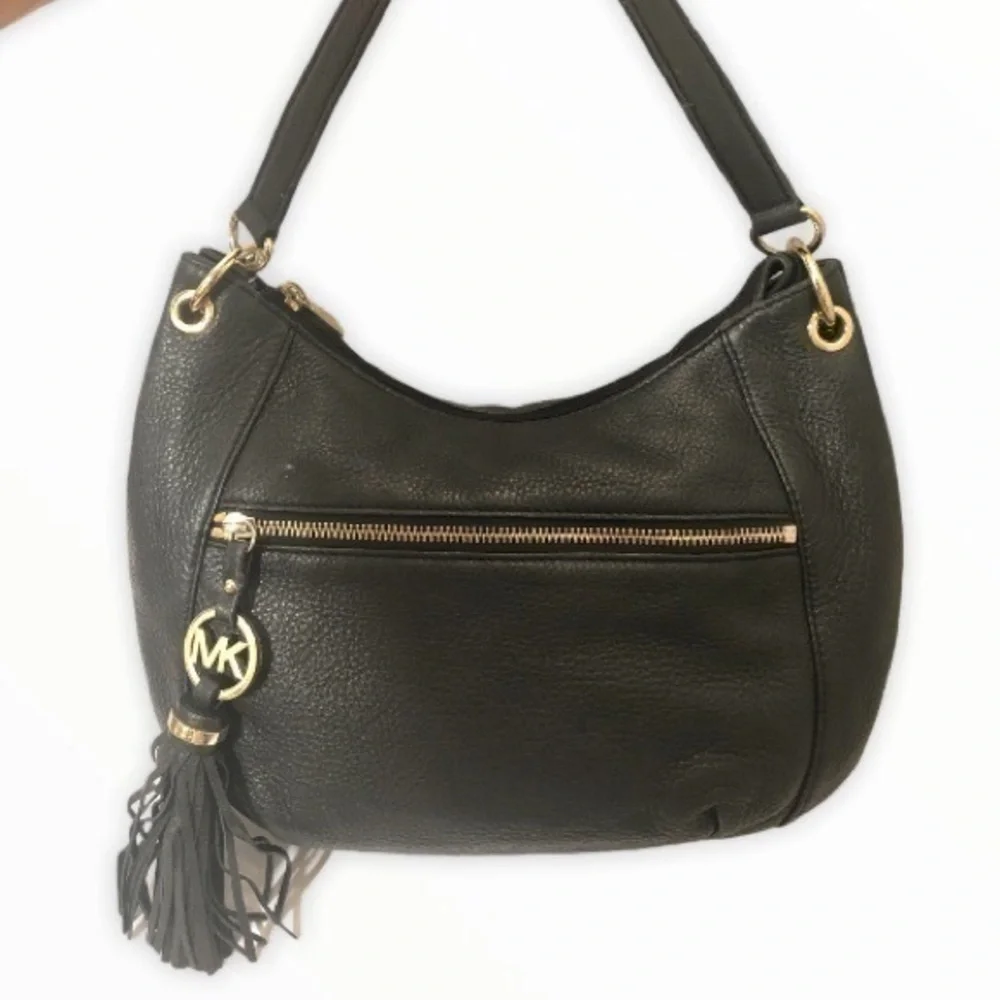 Michael kors black leather hobo bag gold tone logo